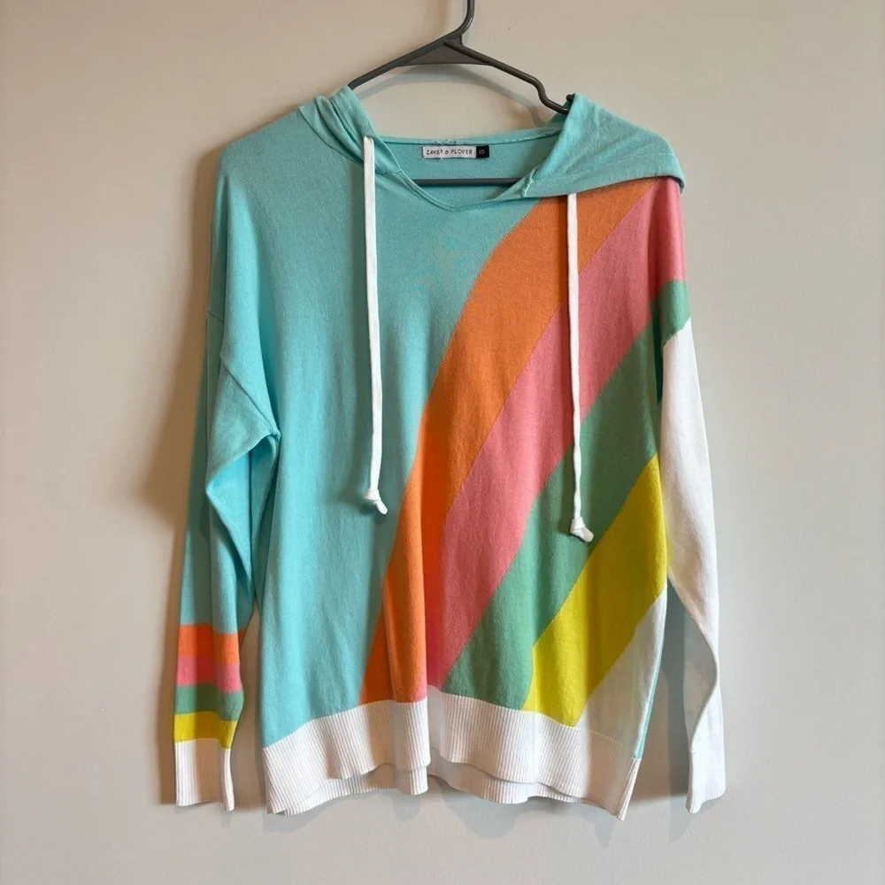 Zaket & Plover Pastel Rainbow Wide Striped Long Sleeve Hoodie Shirt XS Cotton - Picture 2 of 5
